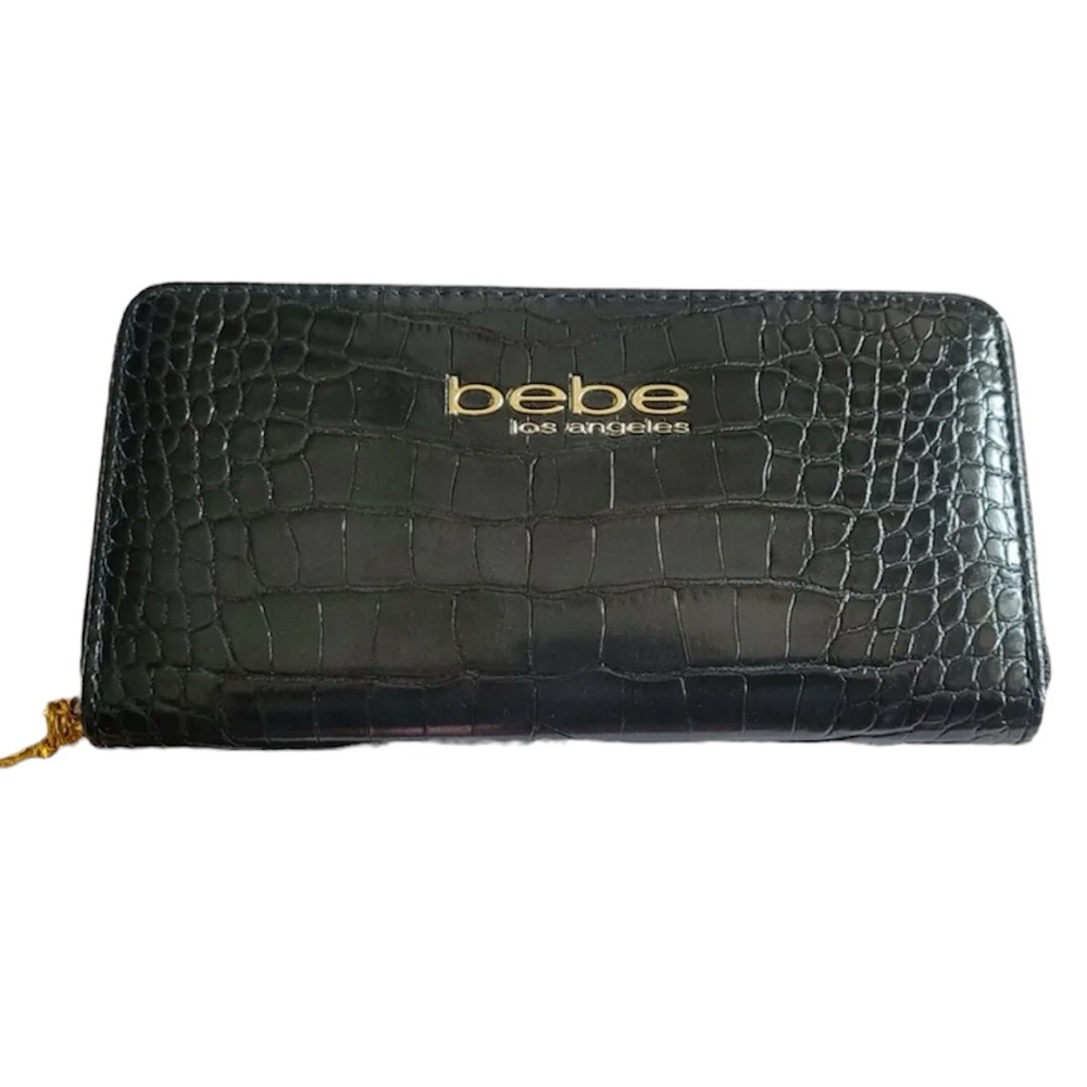 NIB Bebe Wallet- Evelyn Croco Zip Around- NWT Black